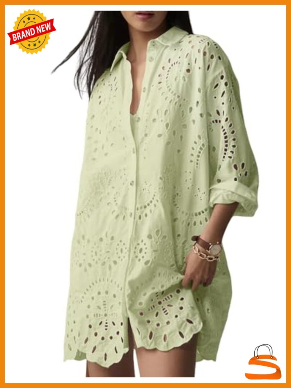 Eyelet Lace Button Down Shirt Mini Dress Long Sleeve Casual